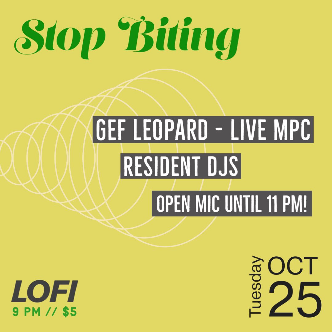 Tonight 10/25  <a href="/StopBitingLoFi/">Stop Biting</a> 9pm $5 <a href="/bsoluteMadman/">DJ Can't Stand Ya</a> <a href="/ac_lewis/">AC Lewis</a> <a href="/djmagicsean/">dj magic sean</a> <a href="/lofiseattle/">Lo-Fi Performance Gallery</a> Open mic until 11pm! Event link facebook.com/events/s/oct-2…