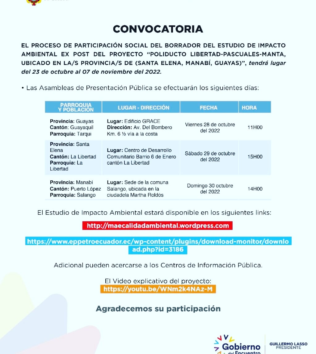 RedAmbientales's tweet photo. #EPPetroecuador socializa el Estudio de Impacto Ambiental Poliducto Santa Elena -Pascuales- Manta.
Participa y deja tus comentarios.
#RedFase
#FacilitadoresSocioAmbientales
#FacilitadoresAmbientales https://t.co/Lo8PHTTO8H