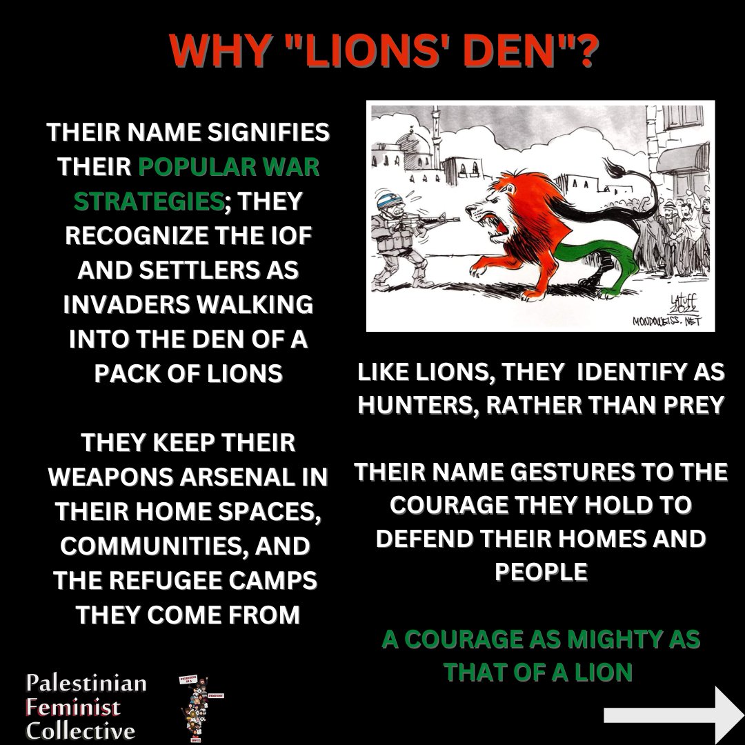 WHY "LIONS' DEN"? 

Their name signifies their popular war strategies; they recognize the IOF and settlers as invaders walking into the den of a pack of lions

They keep their weapons arsenal in their home spaces, communities, and refugee camps they come from (Cont.)