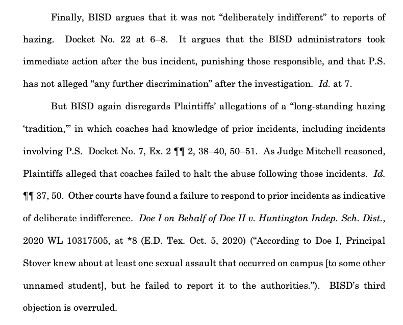 Texas Federal Dct holds that athletic coaches in the k-12 context can qualify as appropriate person under #TitleIX & that even though school responded to current allegation of sex based hazing, it was Deliberately Indifferent after failing to address prior known incidents. #EdLaw