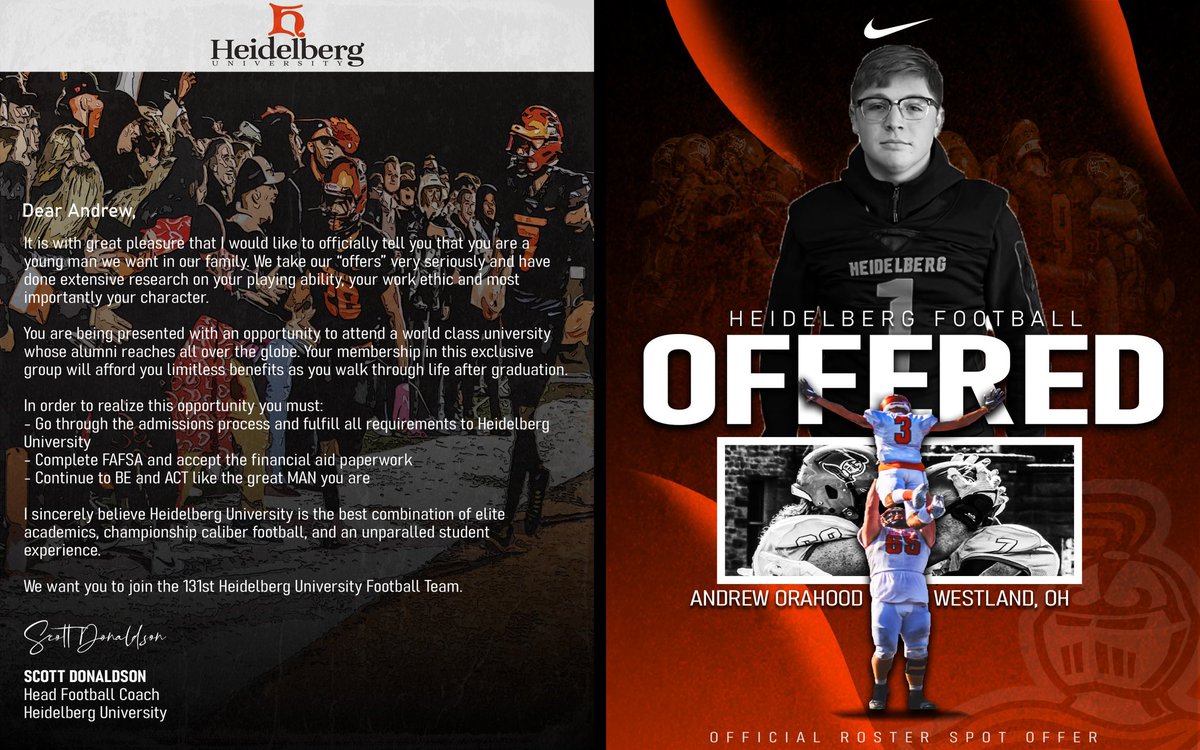 Andrew Orahood (@andreworahood) on Twitter photo After a great visit <a href="/HeidelbergU/">Heidelberg University</a> and great talk with <a href="/Coach_Donaldson/">Scott Donaldson</a> I’m blessed to say I have received my first offer!🙏🏻 Thank you @Maxwe11uk <a href="/BergFootball/">Heidelberg Football</a> and the rest of the staff at Heidelberg for this opportunity. After a great visit <a href="/HeidelbergU/">Heidelberg University</a> and great talk with <a href="/Coach_Donaldson/">Scott Donaldson</a> I’m blessed to say I have received my first offer!🙏🏻 Thank you @Maxwe11uk <a href="/BergFootball/">Heidelberg Football</a> and the rest of the staff at Heidelberg for this opportunity.
