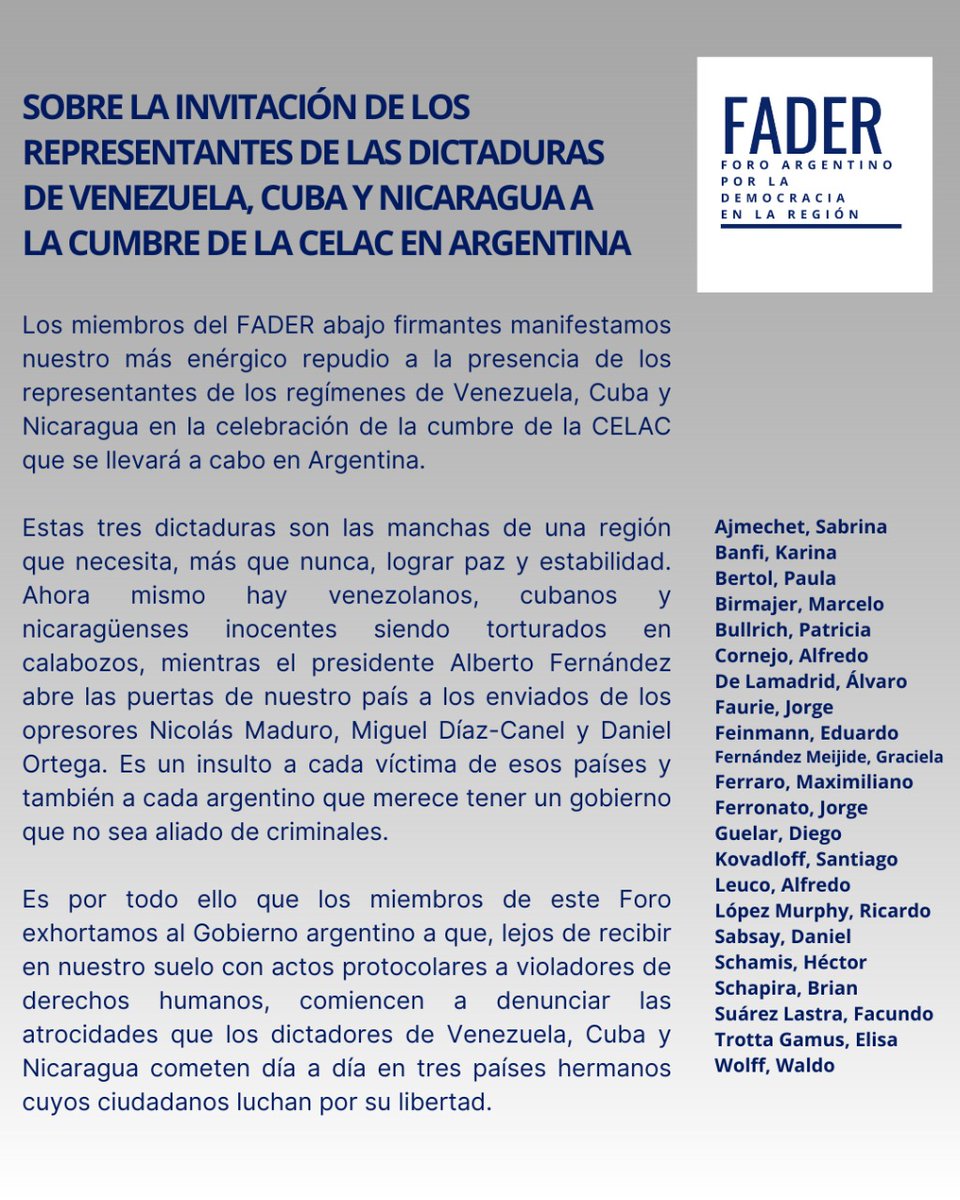 vzla_enelmundo's tweet photo. Comunicado del Foro Argentino por la Democracia en la Región:

Sobre la invitación de los representantes de las dictaduras de Venezuela, Cuba y Nicaragua a la cumbre de la CELAC en argentina. https://t.co/A0Ybnp6N1E