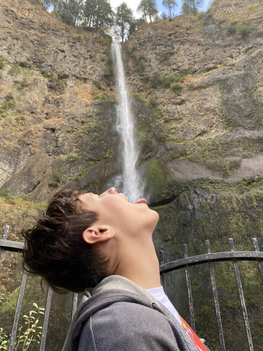 My son at Multnomah Falls in Oregon. This is called trick photography.