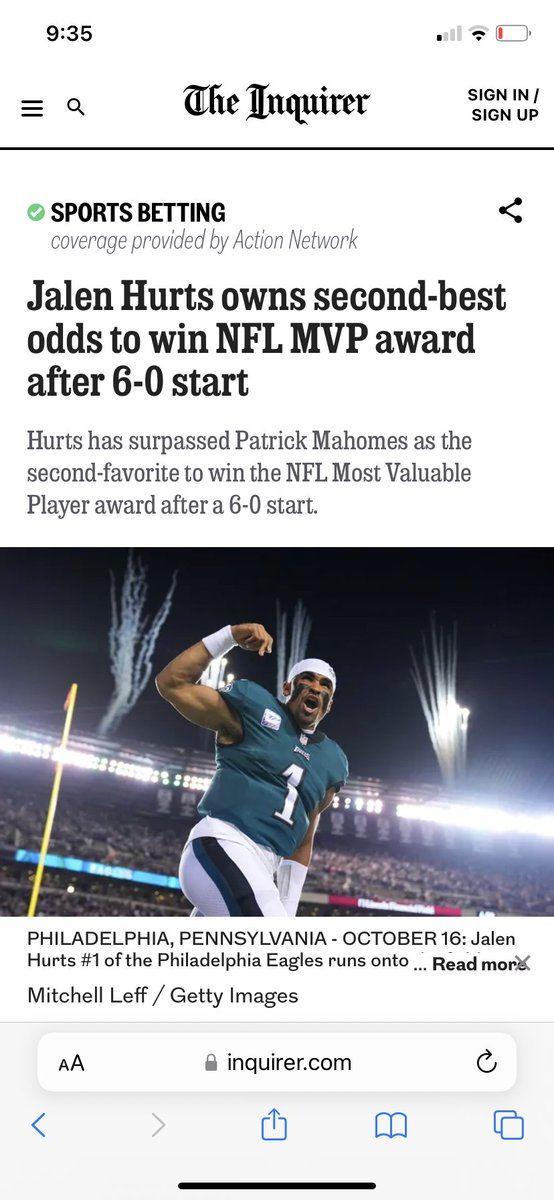 This interesting to me.
Hurts has 6 passing TDs, 2INTs, has 6 Rushing TDs, averages 3.8 YPC and has a QBR of 59.1
Daniel Jones is 6-1, with 5 game winning drives. Has 6 passing TDs, 2INTs, 3 Rushing TDs, averages 5.9YPC and a QBR of 62.7. 
Where’s his MVP article?
