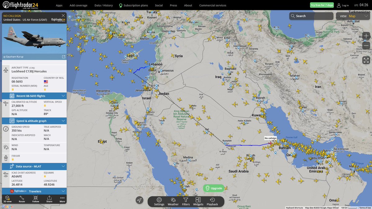 AIYeyENGDdJkjTr's tweet photo. Oct. 26, 2022
#Beirut, Lebanon #Al-Udeid Air Base 

#NoCALLSIGN #AE4AFE USAF C130J Hercules https://t.co/wNlvv2EmyW