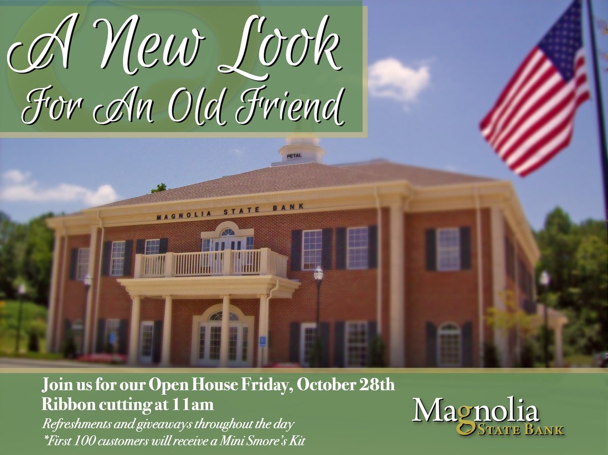 BankMagnolia's tweet photo. Join us Friday in Petal as we unveil our newly remodeled bank! Ribbon cutting at 11am and refreshments throughout the day! See you Friday! #magnoliastatebank #banklocal #localbank #petalms https://t.co/iMwFEfuI8q