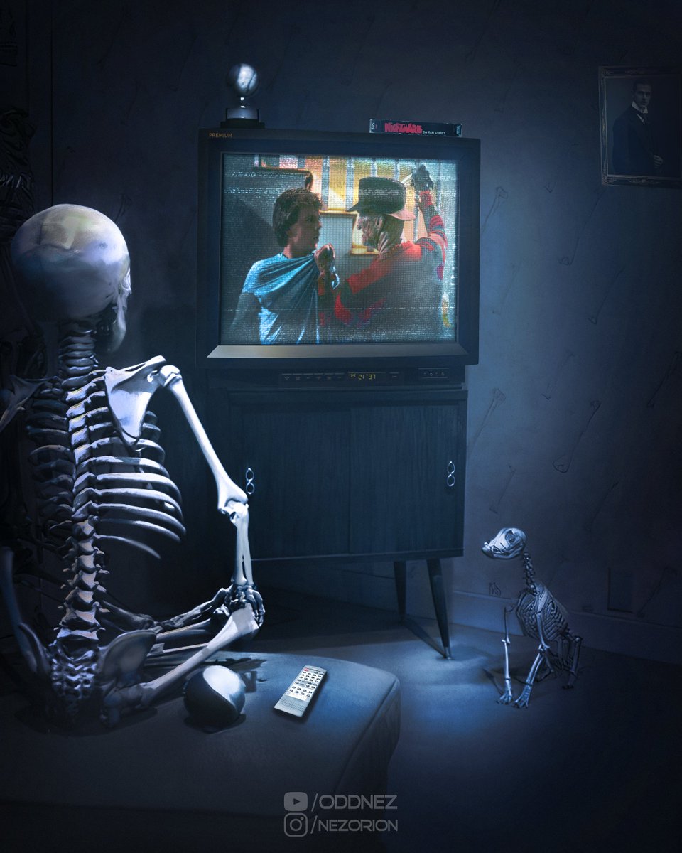 Nez_Orion's tweet photo. Horror movie marathon week!

#SkeletonWatchingTV #Skeleton #Halloween #ANightmareOnElmStreet #FreddyKrueger #VHSTape #SkeletonDog #CRTTV #HorrorMovieMarathon #VintageHorrorMovie #ClassicHorrorMovies #CreepyArt #OddNez https://t.co/gfdBCYpnl2