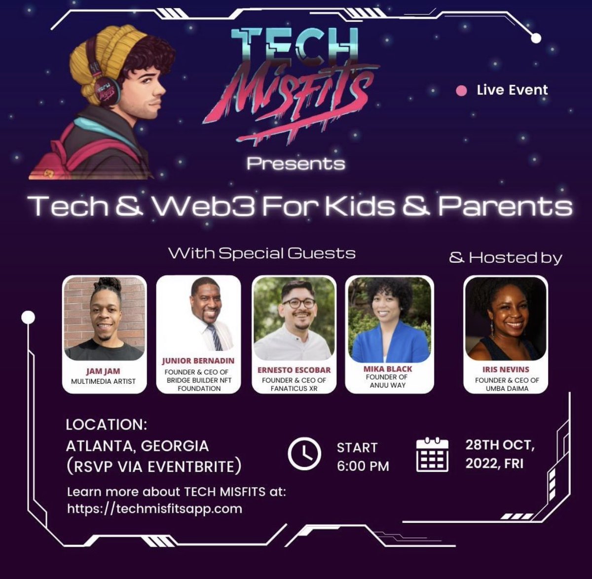 UmbaDaima's tweet image. @TechMisfitsApp x Umba Daima is looking forward to meeting all of our young, future techies AND their awesome parents!

Special Guests:
@jamstarX 
@JBernadin 
@FanaticusXR 
@anuuwayorg 

Click the link and register for this FREE, IRL SOCIAL: shorturl.at/qrtuU
