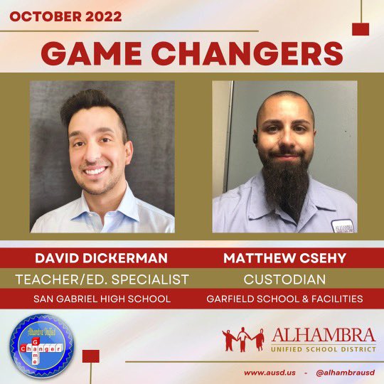 alhambrausd's tweet photo. The Board just honored our October #GameChangers #DavidDickerman, #SGHS Teacher/Ed Specialist + #MatthewCsehy @AusdGarfield Custodian for their exceptional contributions to students, colleagues &amp; the school community‼️Thank you + Congratulations David + Matthew‼️@SchoolsFirstFCU https://t.co/dyeqM6W0RC