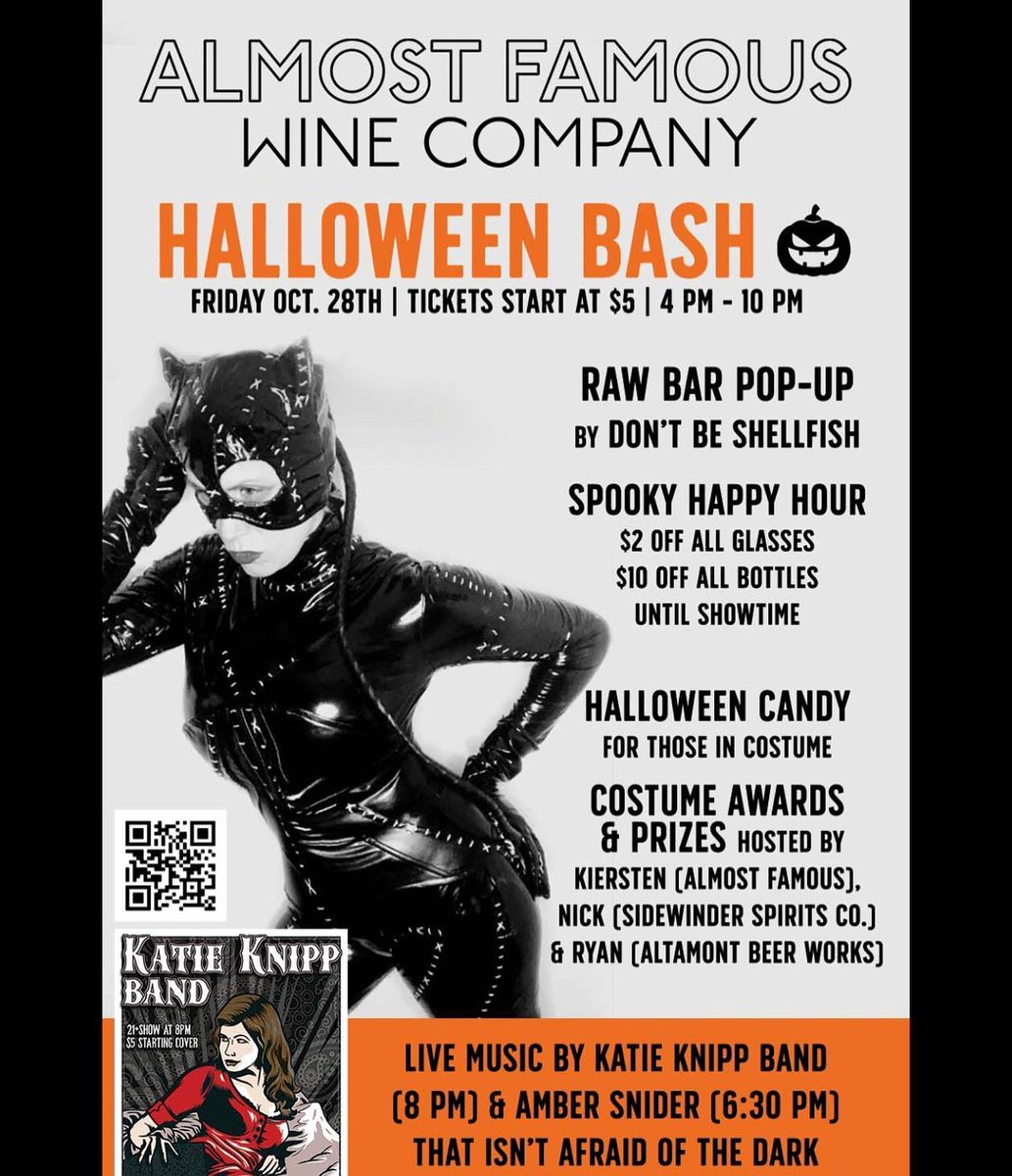 ambersnider's tweet photo. Get your #SPOOKY on this Friday at @AlmostFamousWine in Livermore, CA 4PM Halloween Party begins. I play 6:30p - 7:30p then @KatieKnipp Band will play 8PM+  Get tickets at https://t.co/IuBob1Rufv 🎶

#livemusic #livermore #katieknipp #ambersnidermusic #almostfamouswine #halloween https://t.co/wMA415FtYA