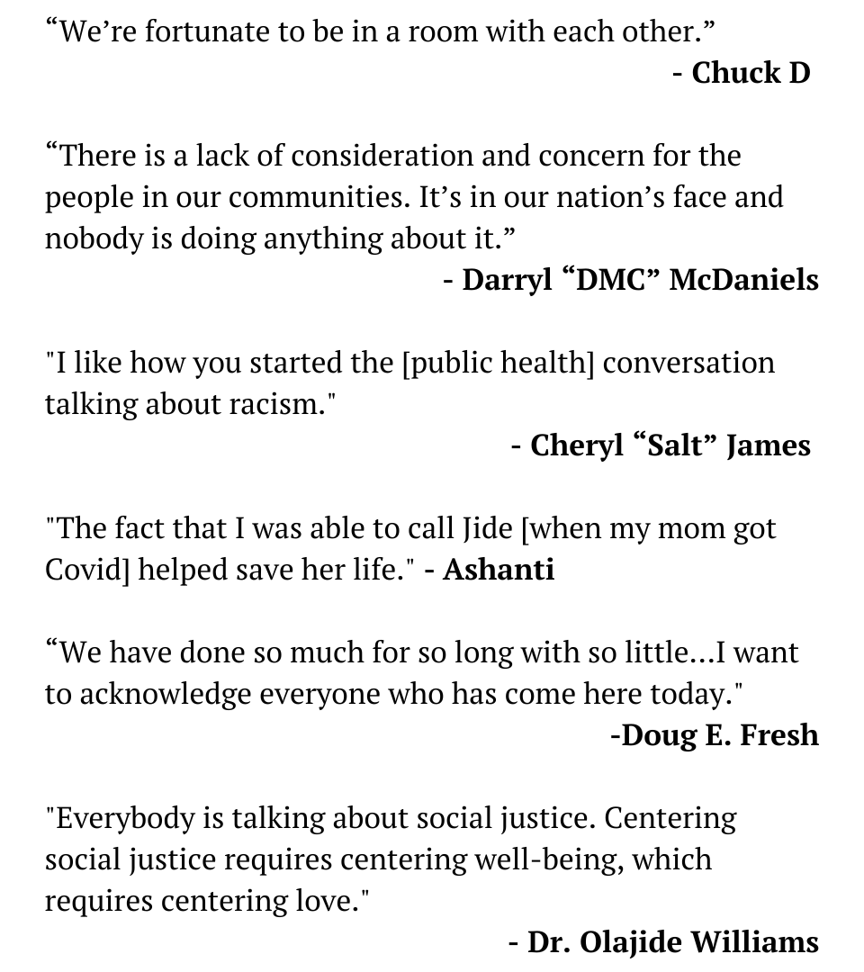 HHPHorg's tweet photo. 11/x That was some #realtalk during our #RemixingPublicHealth Fireside Chat. These quotes by @MrChuckD, @THEKINGDMC, @DaOnlySalt, @ashanti, @RealDougEFresh and Dr. Jide Williams just scratch the surface. 

#MentalHealth #Covid #Racism #HealthDisparities

💯 https://t.co/M8k6SUqDwz