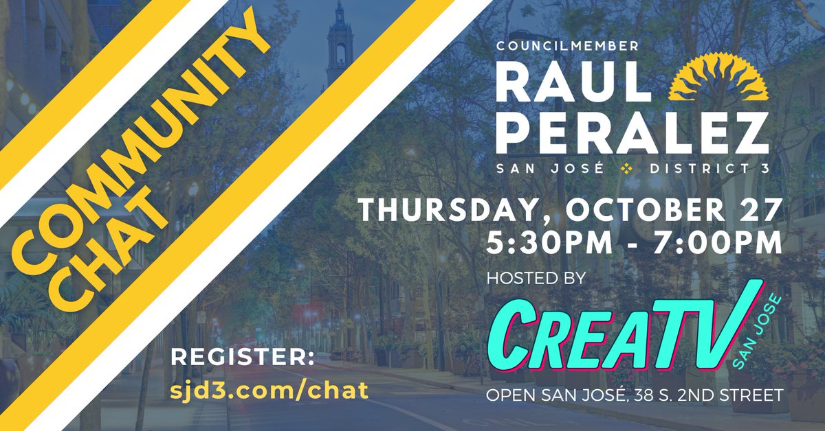 CMRaulPeralez's tweet photo. Don't miss your chance to join me for our first in-person Community Chat in more than two years this Thursday, October 27 from 5:30-7pm, hosted by @creatvsj and celebrating National Arts & Humanities Month! Register now: https://t.co/sUmtoyWvwm #wecreate408 #nahm2022 #sjd3 https://t.co/uUwZJEn1PI