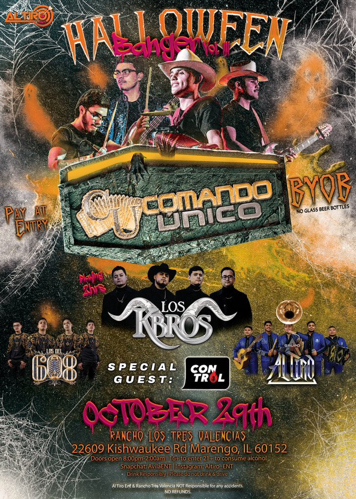 its_avila_O5's tweet photo. so who is ready for this weeknd? 🎃👻🎯 Comando Unico, Kbros, 608, Grupo Al Tiro 🔥 And Diego from Control 🤠 sheesh https://t.co/Fk8k9IyK1D