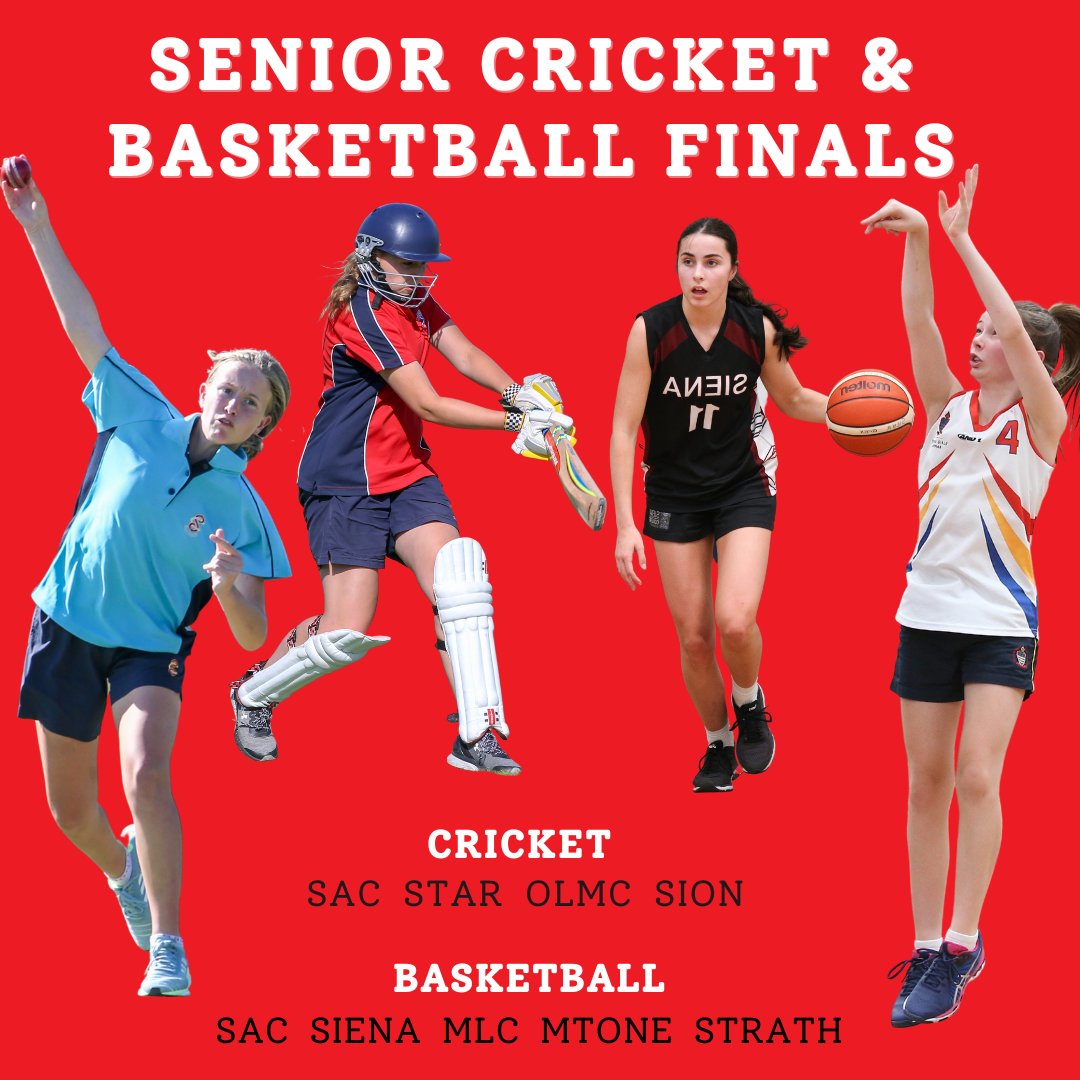 Senior Cricket and Basketball Finals are on today!

Cricket - At Darling Park, Malvern East
A Grade: Sion, Sacré Cœur, OLMC and Star of the Sea

Basketball - at @melbournesportscentres
A Grade: MLC, Mentone, Sacré Cœur and Siena
B: Strathcona and Sacré Cœur

Good luck!!