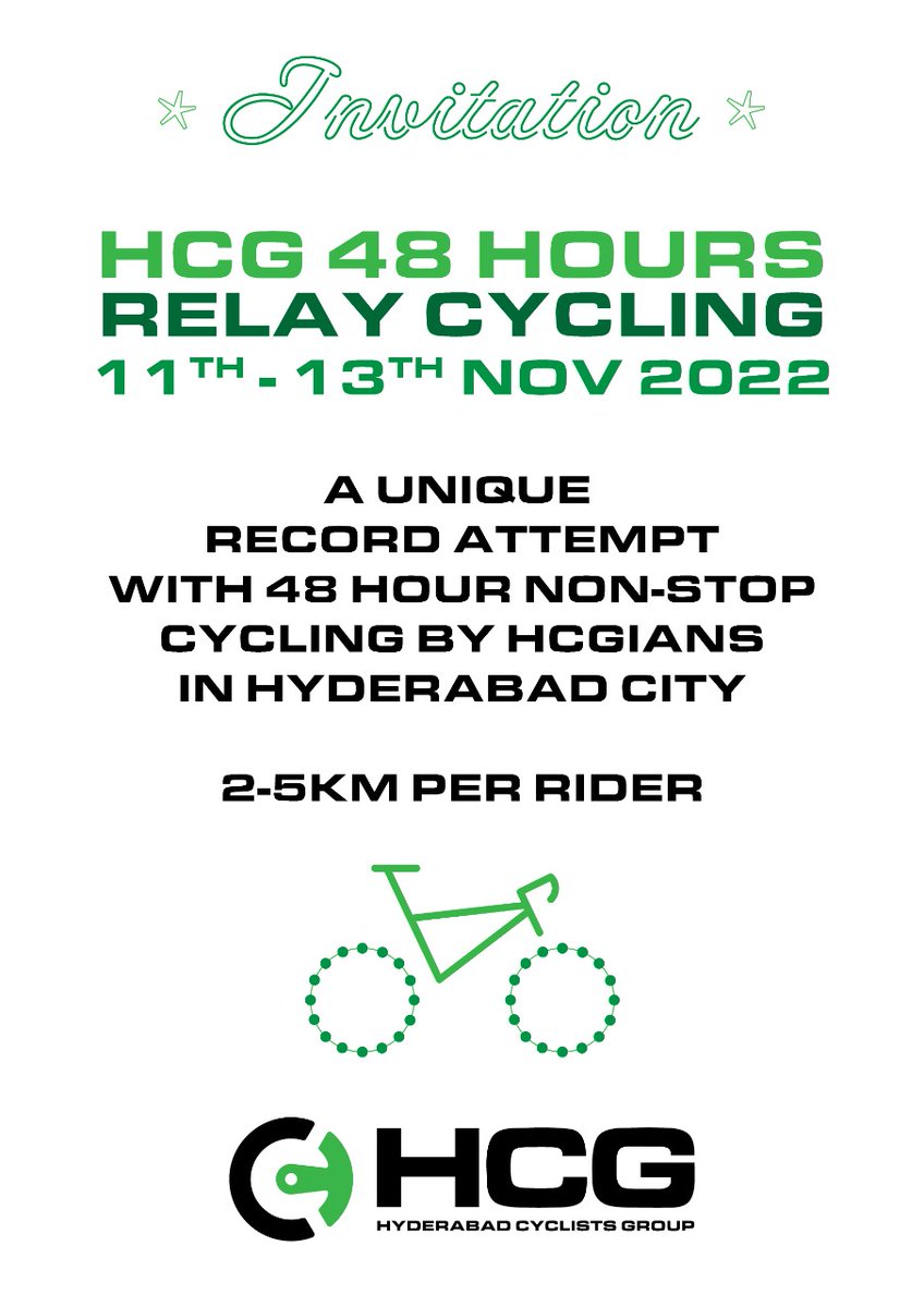hcggroup2's tweet photo. HCG's 48hrs Non stop Relay Cycling, inviting everyone to be part of spreading #cycling to minimise #Traffic and usage of #cyclingtracks by @ktrtrs  @KTRTRS_FC @cyclingweekly @cyclingnews4u @SCSC_Cyberabad @itisotherside @HMDA_Gov @Director_EVDM @CommissionrGHMC @HarithaHaram https://t.co/VksBmIh3Up