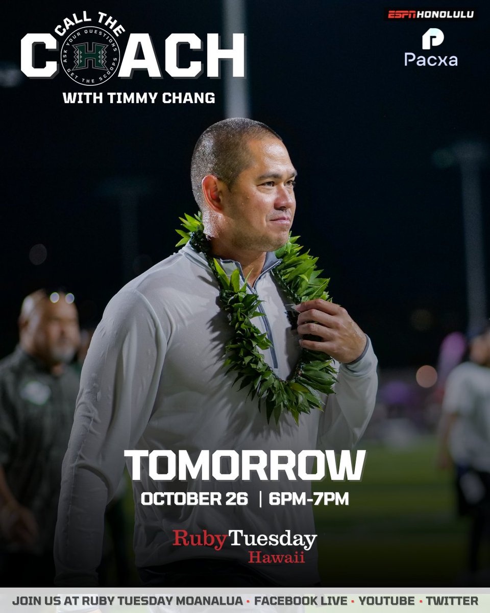 ESPNHonolulu's tweet photo. It's that time again...It's CALL THE COACH WITH @CoachTimmyChang!

Tomorrow 10/26 from 6pm-7pm at Ruby Tuesday in Moanalua Shopping Center! Hope to see you there!

Mahalo to Pacxa!

#callthecoach #timmychang #hawaiifb #gobows #braddahhood #rubytuesday https://t.co/CtuXkQTcb7