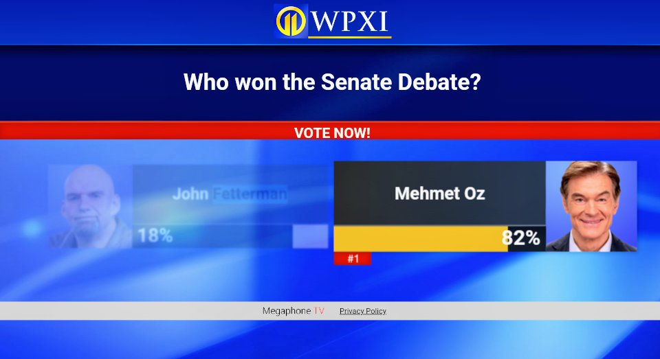 NEW: WPXI Online Poll

Who won the PA Senate Debate?

(R) Mehmet Oz — 82%
(D) John Fetterman — 18%

wpxi.com/votenow/