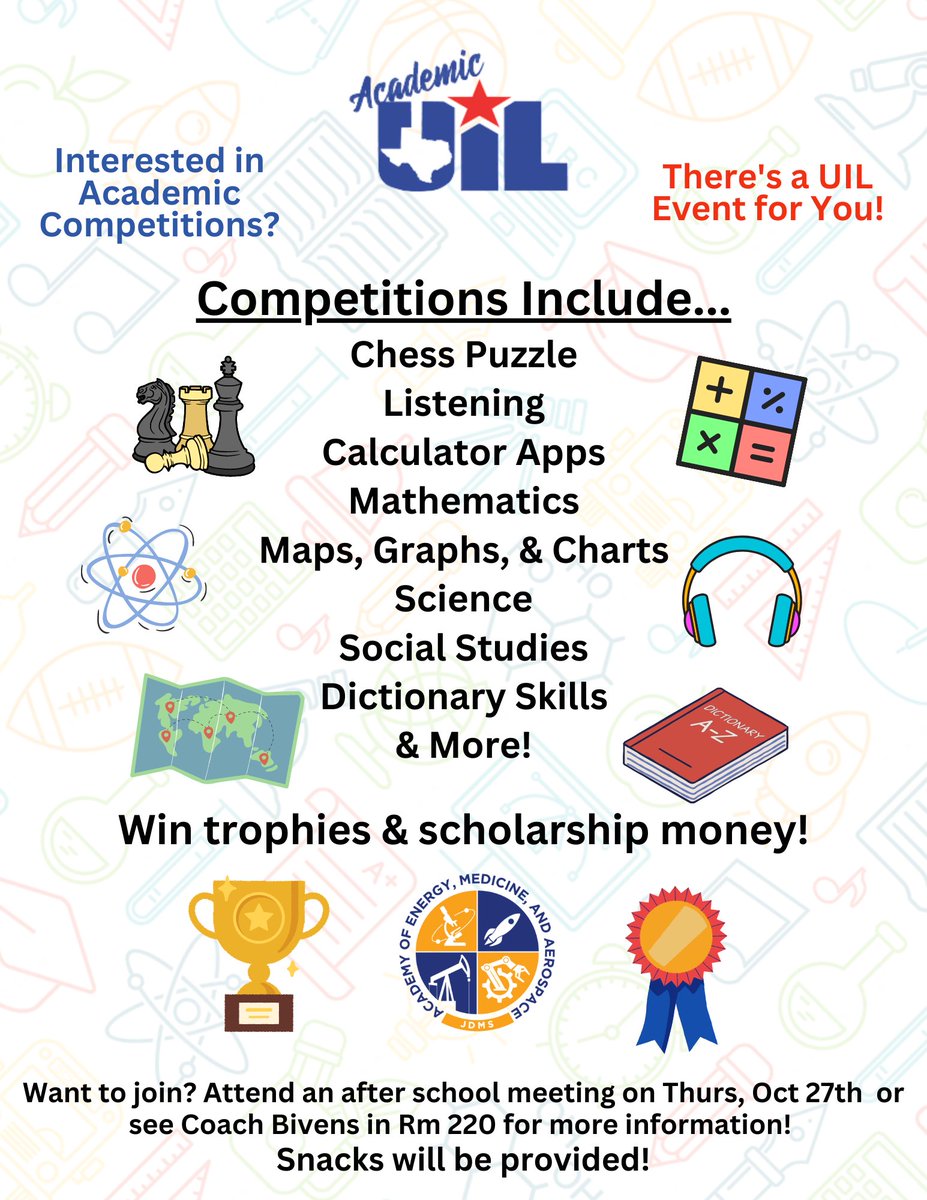 DatAmazingCoach's tweet photo. @AEMA_JDMS - Are you interested in Academic Competitions? Come join us on October 27 to know more! #UIL https://t.co/QPD8sNMFOz