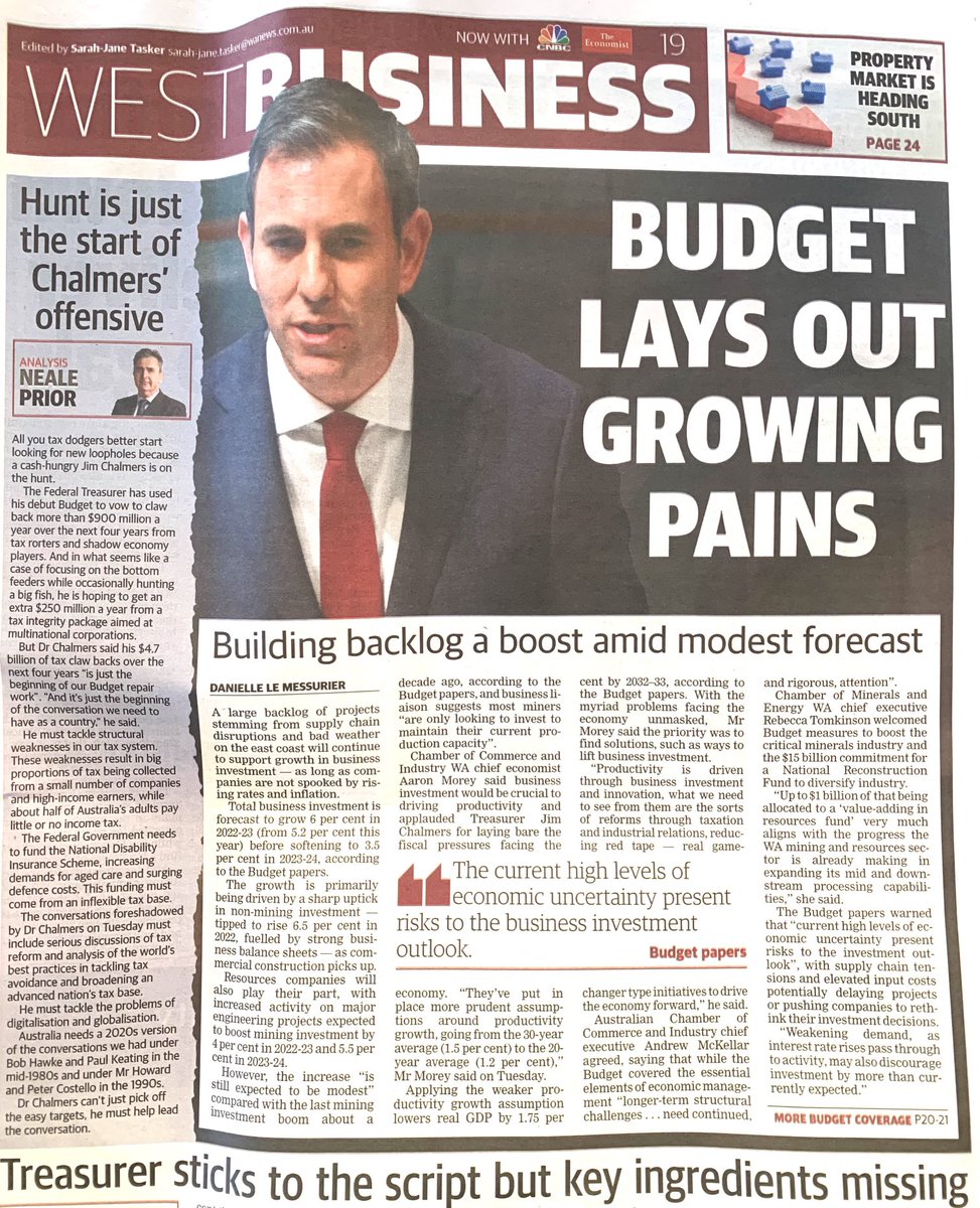 ThomasRayAdolph's tweet photo. The 8-page wrap and comprehensive coverage of the Govt’s first Budget is a credit to the ⁦⁦@westaustralian⁩

With challenges “laid bare,” ⁦@CCI_WA⁩ ⁦@AaronMorey said finding⁩ “game-changing” solutions to reform tax, IR and red tape must be the next priority. https://t.co/iDedJnHSZV