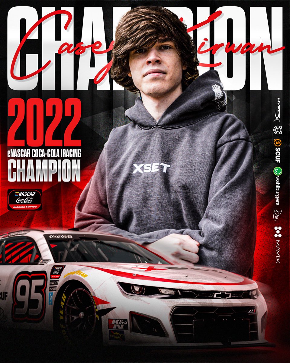 XSET's tweet photo. XSET @CaseyKirwan23 WINS THE 2022 #eNASCAR CHAMPIONSHIP!! 🏆 https://t.co/zqwPsR7QzT