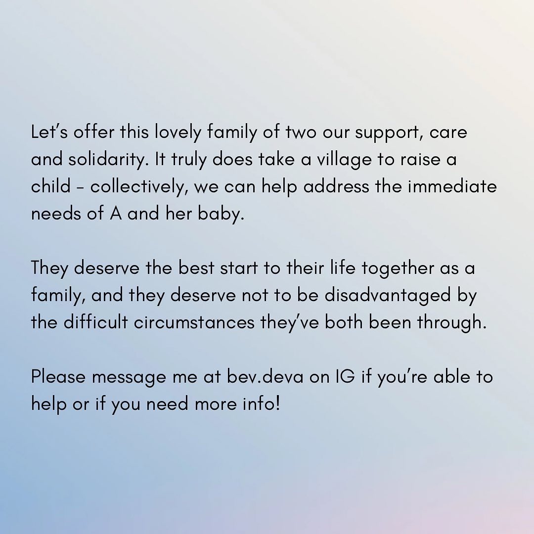 bev_deva's tweet photo. Hi everyone! I’m helping to fundraise for A, a single mother who needs some help getting necessities for her new baby. She’s been through a lot and I really hope we can collectively meet the needs of this lovely family of two. Pls msg me if you can help! RTs appreciated https://t.co/bEiU6I88xc