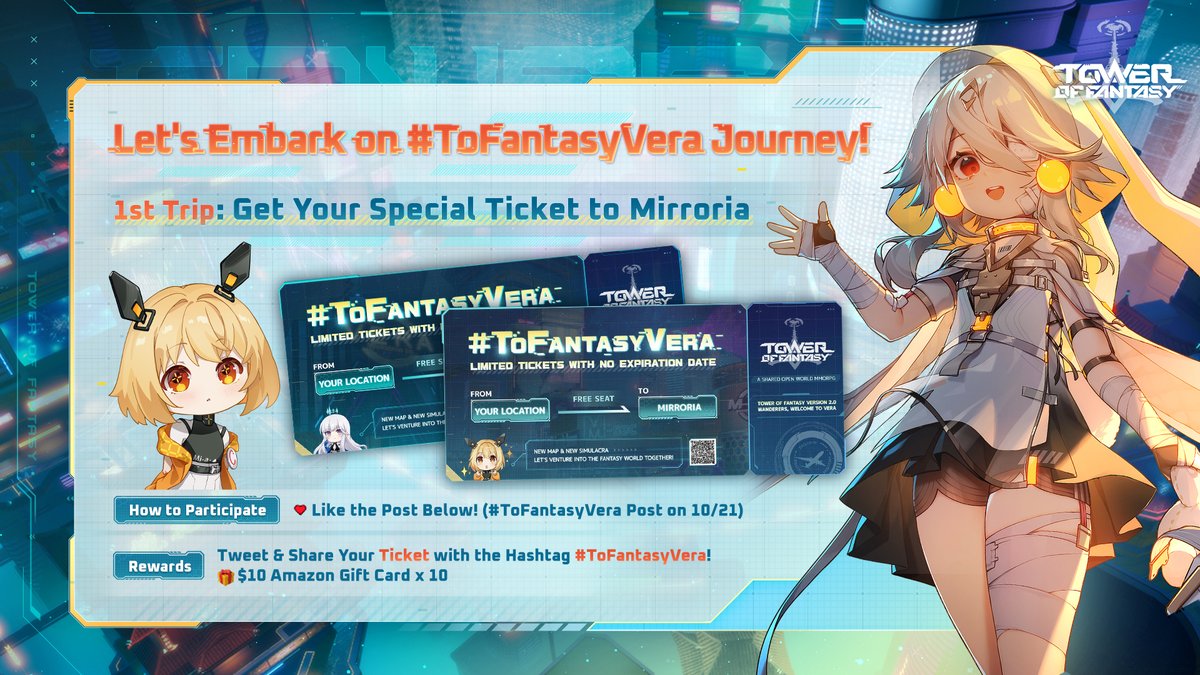 ToF_EN_Official's tweet image. 🌟1st trip of #ToFantasyVera 🌟

Give the post below a like &amp;amp;  get a ticket to Mirroria at 7 pm PDT (10 pm EDT) TONIGHT! 🚗

Join the event &amp;amp; Share the ticket with the hashtag #ToFantasyVera for a chance to win a $10 Amazon gift card! 🎁

Rules: bit.ly/3eWTKtv

#ToFVera
