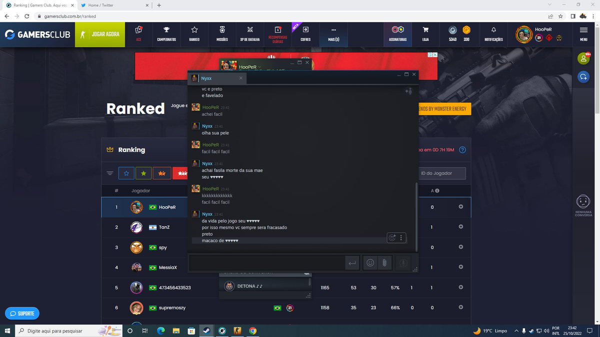 Casos da RankedPro, vetei Mirage, fui xingado, ganhei, me adicionou e foi racista.. Alô <a href="/GamersClubCS/">Gamers Club Counter-Strike</a>, olha o cidadão racista ai.. <a href="/1Nyxxx/">non.liquid</a> Achei fácilll!