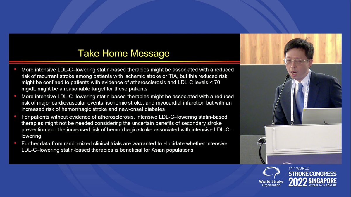 WorldStrokeEd's tweet photo. #WSC2022
New Avenues in 2ry prevention

Dr Meng Lee presents the evidence regarding intensive #lipid control
🧠Target <70mg/dl in patients with evidence of atherosclerosis 
🩸⬆️risk ok bleeding maybe related to statins effects on coagulation (not with LDL level)
#SPARCL #TST https://t.co/PW3faEv0Qo