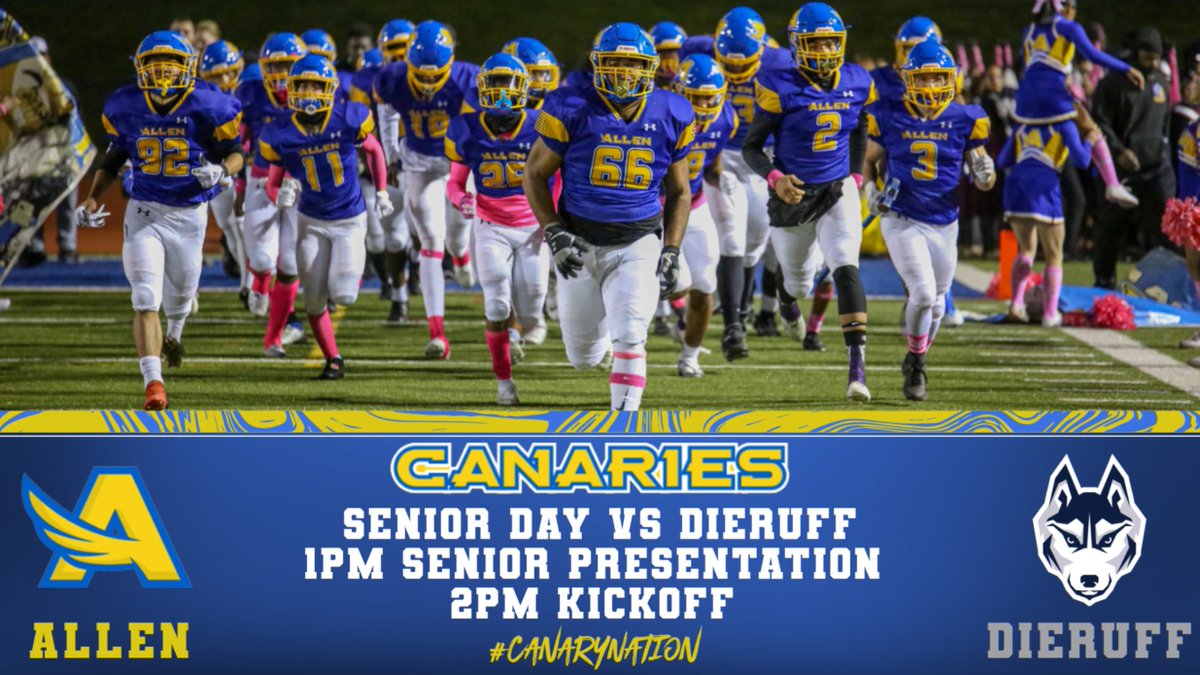 CanaryAthletics's tweet photo. The 66th Edition of Allen vs Dieruff!  This Saturday, October 29th, 2PM at JBC Stadium.  Senior Presentations will take place pre-game, beginning at 1PM.  The 1992 William Allen District Championship team will also be honored at half-time! Get out and support! #CanaryNation https://t.co/kPcsO3MkWY