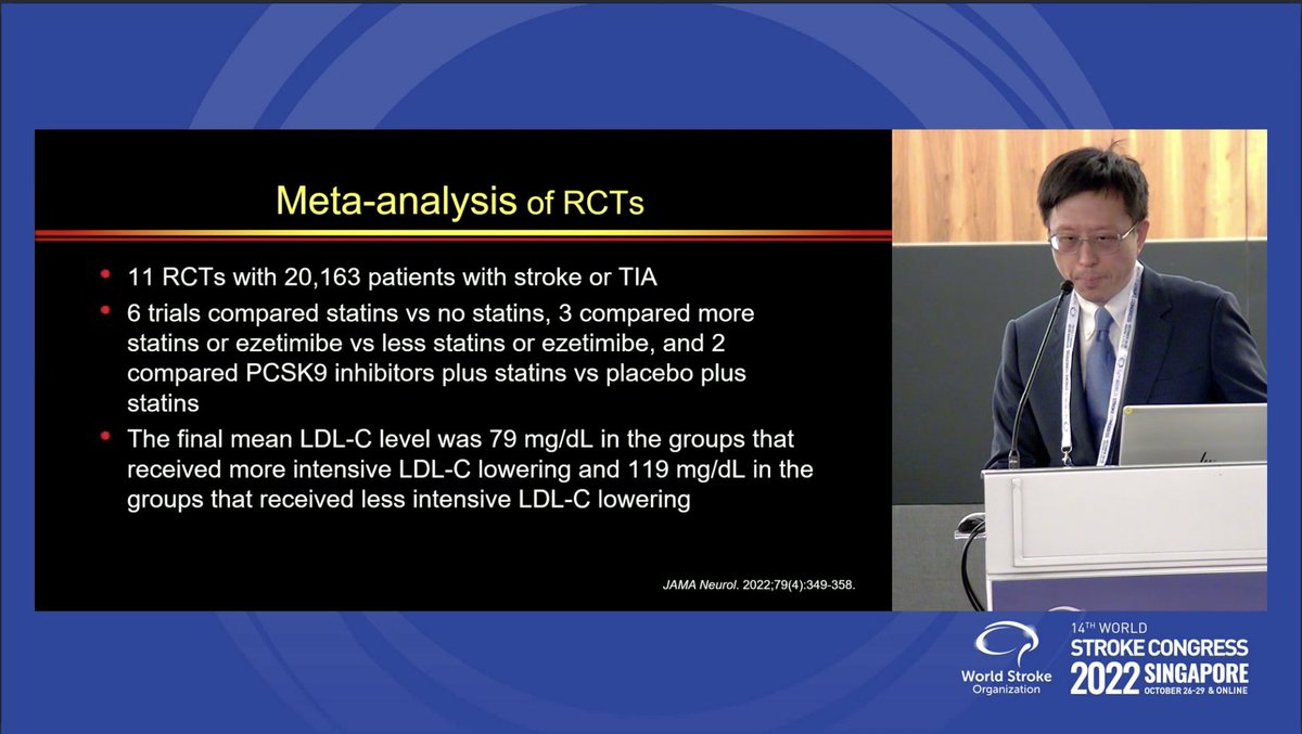 WorldStrokeEd's tweet photo. #WSC2022
New Avenues in 2ry prevention

Dr Meng Lee presents the evidence regarding intensive #lipid control
🧠Target <70mg/dl in patients with evidence of atherosclerosis 
🩸⬆️risk ok bleeding maybe related to statins effects on coagulation (not with LDL level)
#SPARCL #TST https://t.co/PW3faEv0Qo