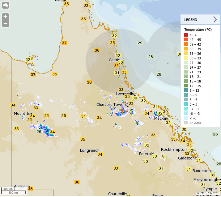 BOM_Qld's tweet photo. Midday conditions in #NQld: temperatures in the low 30s along the coast and the mid to high 30s inland. Thunderstorms are present on radar inland of Townsville, Proserpine and in the northern interior. No storm warnings current at present. https://t.co/8QnIc7aRJZ https://t.co/bZ0aajTnXB
