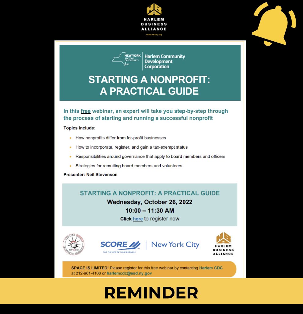 🔔 ::WEDNESDAY MORNING::

🙌🏾 STARTING A NONPROFIT:
A PRACTICAL GUIDE

Wednesday, October 26, 2022
10:00 AM - 11:30 AM
 
🔗RSVP: bit.ly/3z1yxpc
