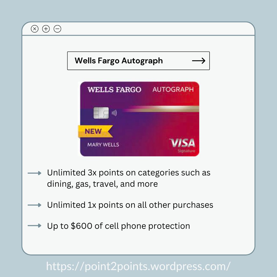 Point2Points_'s tweet image. Last in my top 3 of no annual fees credit card is the Wells Fargo Autograph. Great option for those who are looking to maximize cash back &amp;amp; points instead of miles. 0% intro APR for first 12 months! Check out Point 2 Points to learn more! point2points.wordpress.com

#wellsfargoa