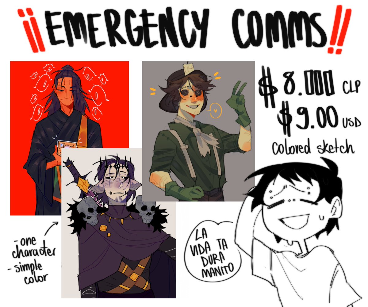 ‼️ EMERGENCY COMMISIONS OPEN ‼️

hi im an latin artist and im on my first year of art school, ive been struggling a lot lately to pay for my materials and just live in general, so if you like to help me or donate my KOFI is on my bio <33
[RTs ARE APPRECIATED] 