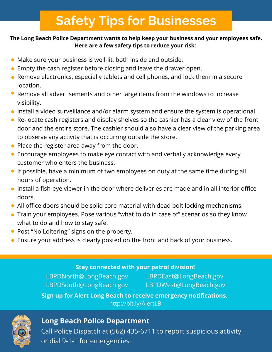 LBPD's tweet photo. We’re aware of recent incidents in #LongBeach &amp; the region where burglars are stealing point of sale terminals from businesses and using them for refund scams. To our business community– see the tips below to help keep your business safe and deter criminal activity. #LBPDSafety https://t.co/btNfMVvInt