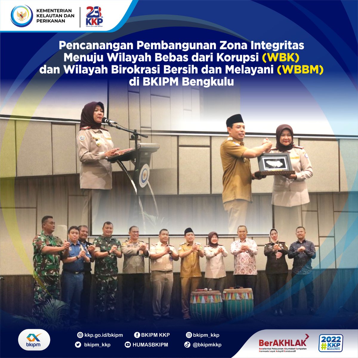 #SahabatBahari, Kepala BKIPM ibu Pamuji Lestari menghadiri Pencanangan Pembangunan Zona Integritas Menuju Wilayah Bebas dari Korupsi (WBK) dan Wilayah Birokrasi Bersih dan Melayani (WBBM) di BKIPM Bengkulu (25/10/2022).

#BKIPM