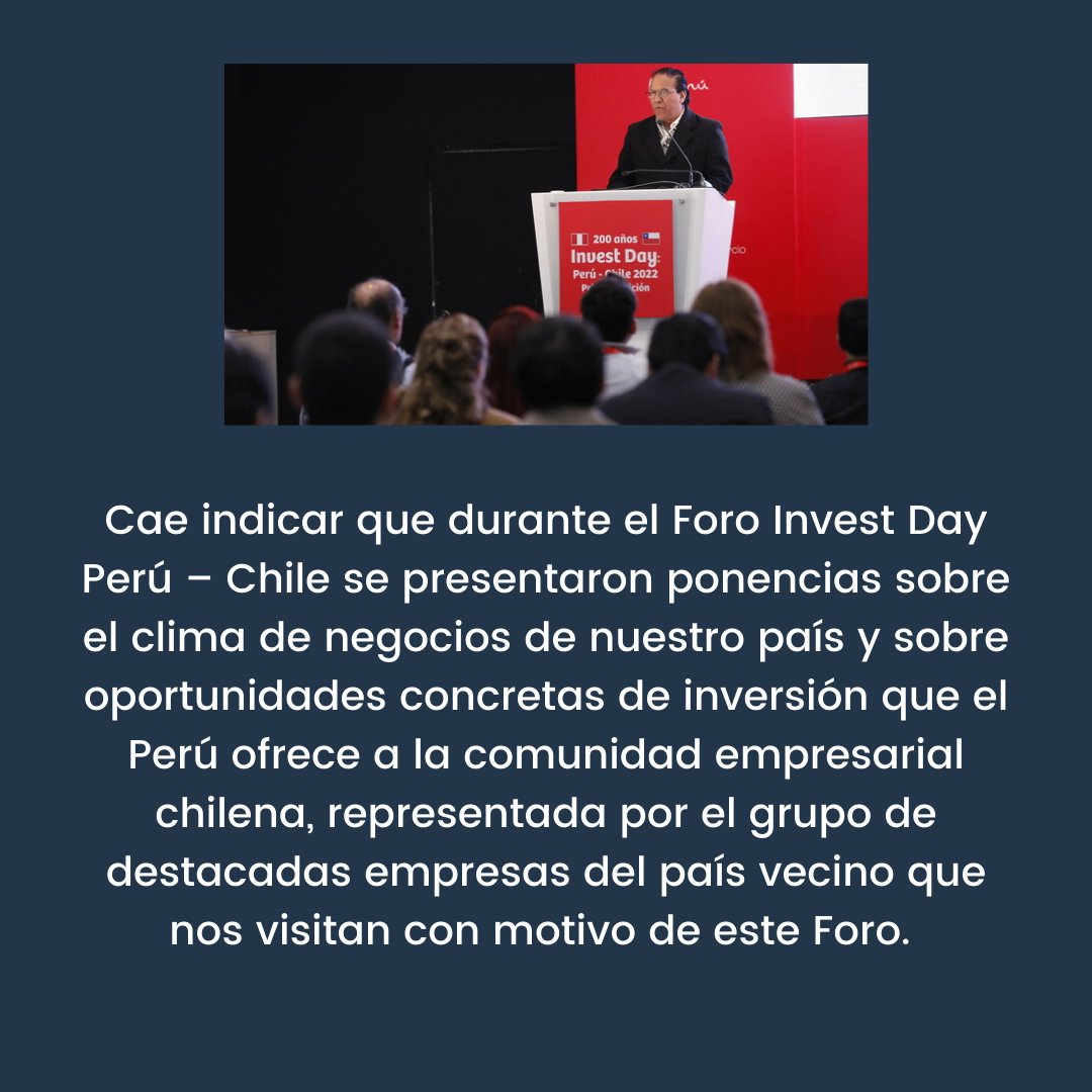 💬#Noticias | El ministro de Comercio Exterior y Turismo destacó que, en los últimos 20 años, la inversión chilena en Perú superó los USD 6,000 millones, evidenciando el compromiso y la visión empresarial que han demostrado más de 70 compañías en nuestro país.