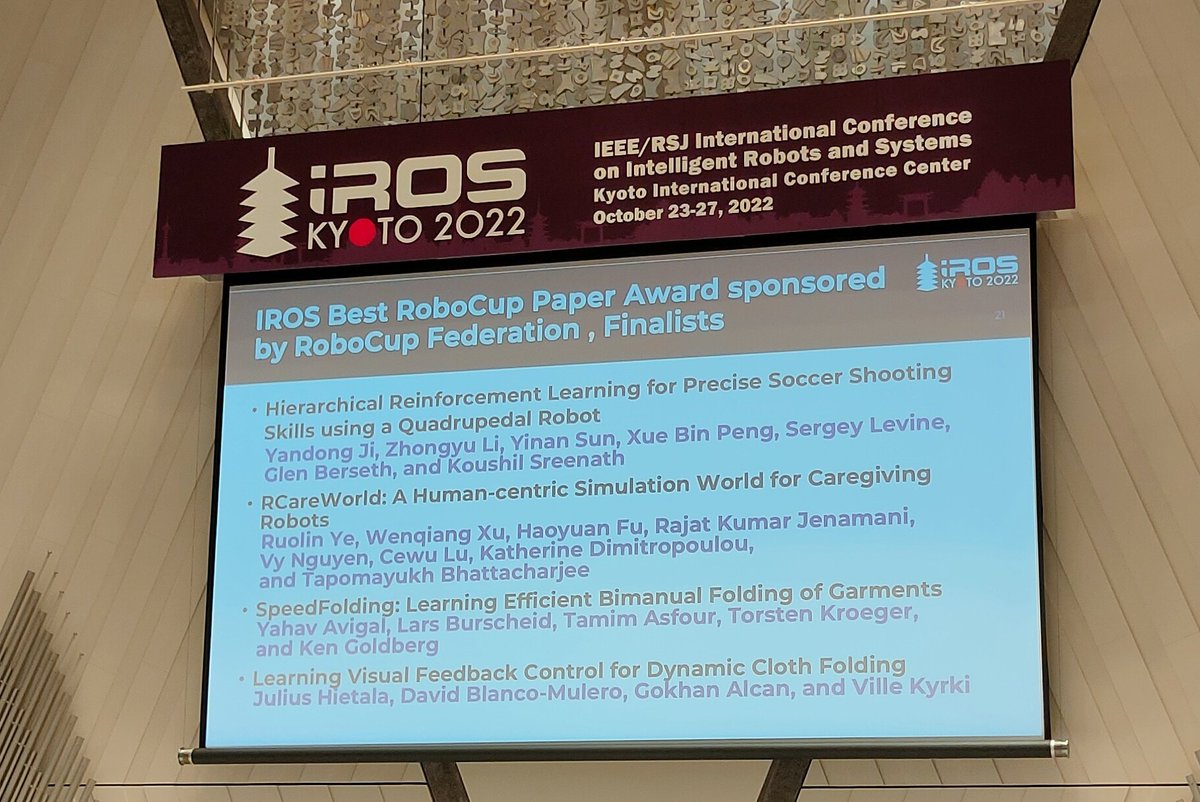 DavidBMulero's tweet photo. Really happy to be within the award finalists of the Robocup Paper award #IROS22.
My sincere congratulations to the two winners RCareWorld and SpeedFolding! https://t.co/FvK5D73w7C