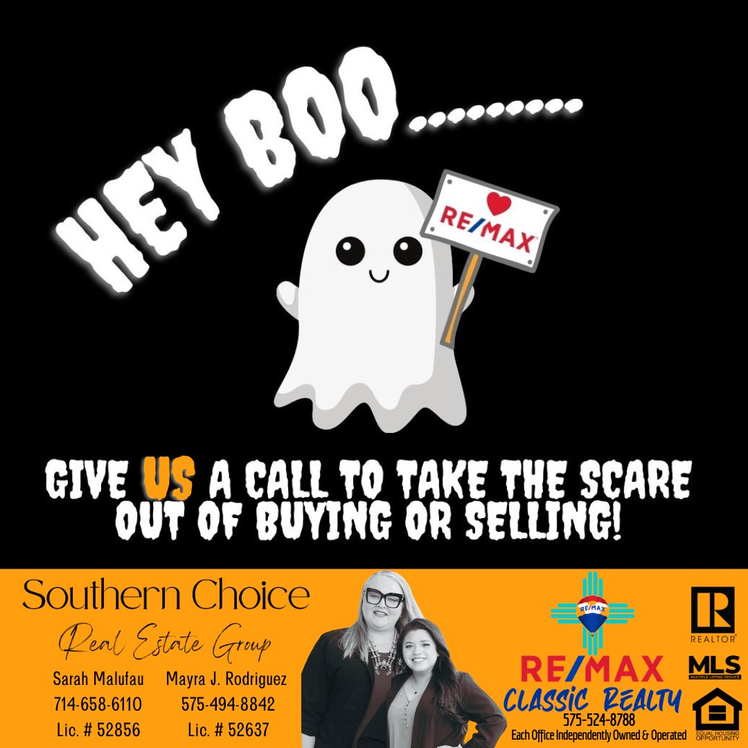 👻Hey Boo! Call Us to Take the #Scare Out of #Buying or #Selling
Sarah 714-658-6110
Mayra 575-494-8842
#REMAX Classic #Realty 575-524-8788
#happy #Halloween #fall #goals #realtor #home #LasCruces #LCNM #housing #homeownership #realestateagent #buyers #sellers #homesweethome #love