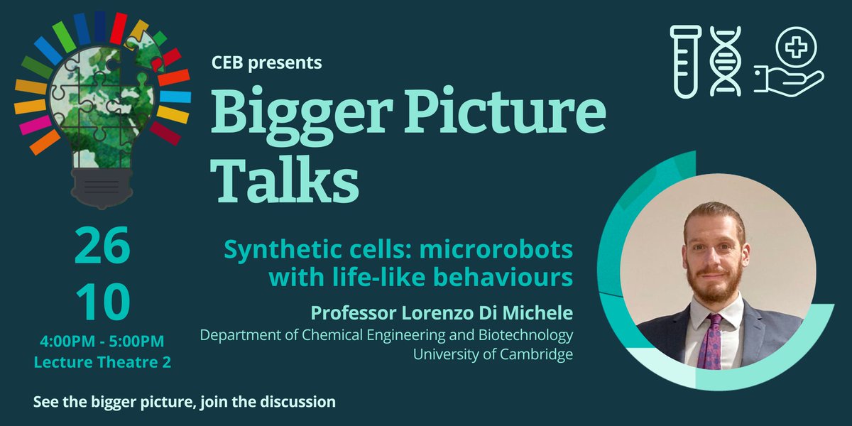 Join us for the first Bigger Picture Talk of the year with @DiMicheleLAB1 about synthetic cells: microrobots with life-like behaviour. To sign up follow the link in our bio! 
#cebcambridge #universityofcambridge #syntheticcells #joinus #drivenbycuriousity #drivingchange