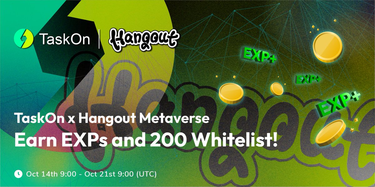 🥳#TaskOn &amp; <a href="/HangoutMeta/">Hangout Metaverse | FREE MINT</a> Team Up for a 2⃣0⃣0⃣ Advance Team Role #Giveaway!

🎁Prize pool: 𝟮𝟬𝟬 #whitelist spots + #TaskOn #EXPs
⏰Starts at 9am UTC, Oct 14th

💫This #campaign is LIVE in 60 minutes! 

Simply #Task2Earn the rewards:
taskon.xyz/campaign/detai…