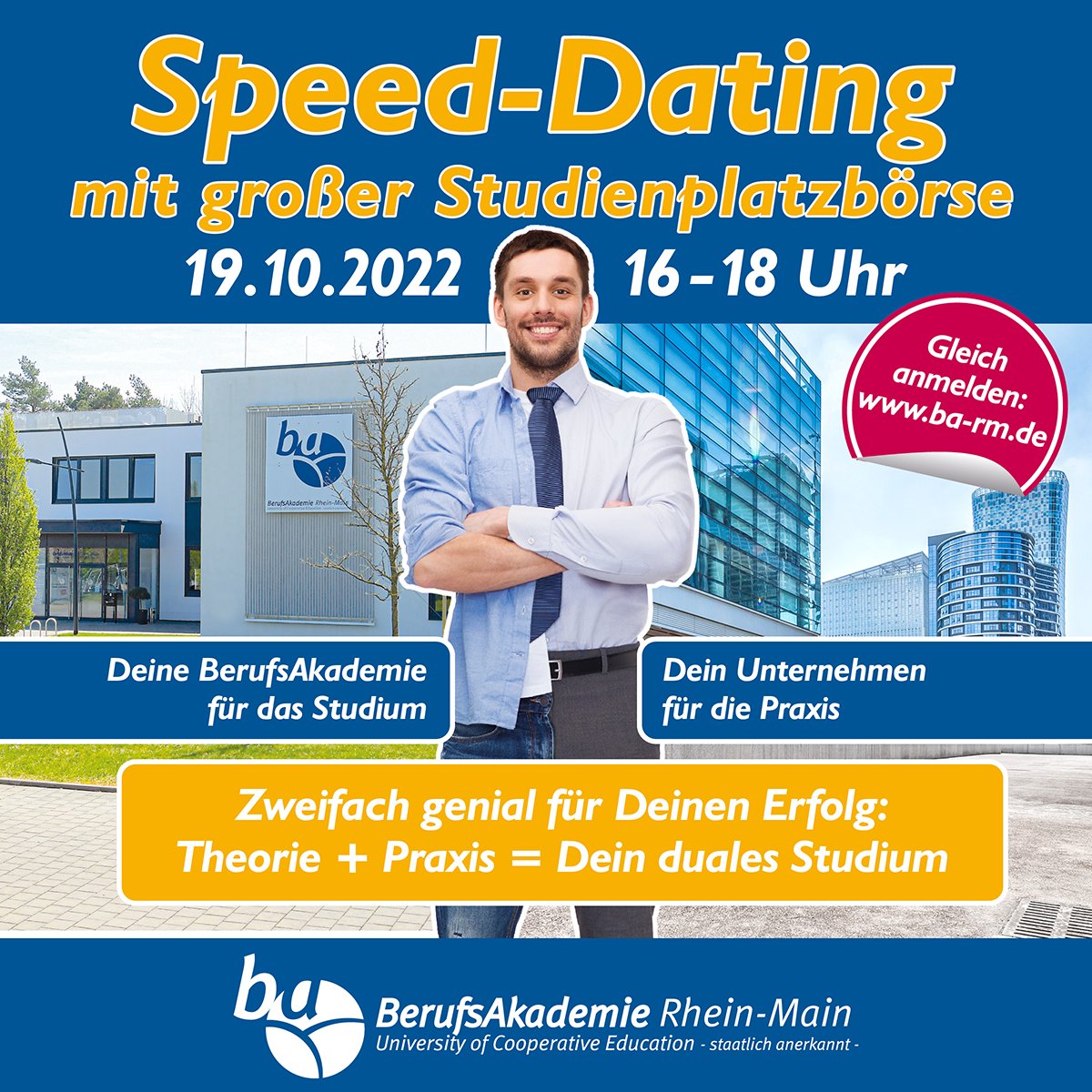 Alle Studieninteressent:innen aufgepasst: Am Samstag, den 19. Oktober findet von 16 - 18 Uhr das Speed-Dating an der Berufsakademie Rhein-Main (Einlass: 15:45 Uhr) statt. Unsere Kollegen Therese Pauli und Stefan Hnida werden vor Ort sein! 
Gleich anmelden: hubs.la/Q01pM8JC0