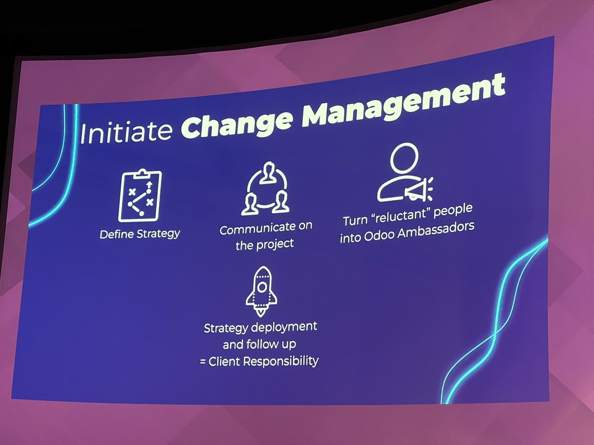 Odoo's tweet image. Change management is a key factor when implementing Odoo. These are some ways to initiate change. Change can be good! 

#OdooExperience #ImplementationMethodology