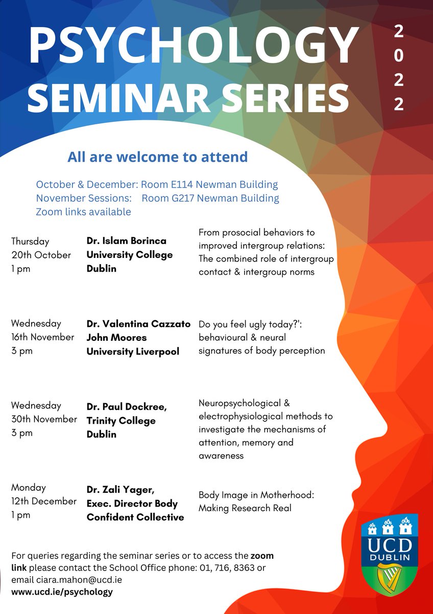 Excited to announce details of our seminar series for this trimester! #Allwelcome. Contact details provided for those requesting remote access! #UCDPsychStories
