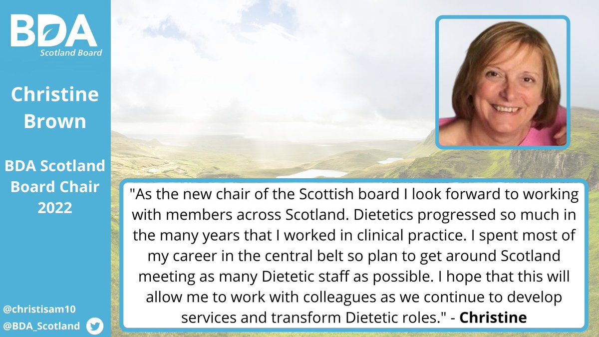 BDA Scotland Board (@bda_scotland) on Twitter photo On AHP Day 2022, we are delighted to introduce our new Board Chair, Christine Brown <a href="/christisam10/">Christine Brown</a>, who joins the board with a wealth of dietetic experience 🙌. Find out more here: 👉 buff.ly/3ermxWV <a href="/BDA_Dietitians/">British Dietetic Association</a> <a href="/BDAWOSBranch/">BDA West of Scotland</a> <a href="/BDAEastScotland/">BDA East Scotland Branch</a> #AHPsDay2022 On AHP Day 2022, we are delighted to introduce our new Board Chair, Christine Brown <a href="/christisam10/">Christine Brown</a>, who joins the board with a wealth of dietetic experience 🙌. Find out more here: 👉 buff.ly/3ermxWV <a href="/BDA_Dietitians/">British Dietetic Association</a> <a href="/BDAWOSBranch/">BDA West of Scotland</a> <a href="/BDAEastScotland/">BDA East Scotland Branch</a> #AHPsDay2022