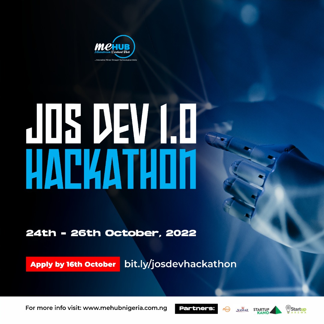 Get ready to shape the future of tech. Do you have an innovation
solution to improve Peace Building, Financial Inclusion,
Quality Education, Nano and Micro Enterprise. Apply for the
Jos Dev 1.0 Hackathon
bit.ly/josdevhackathon

<a href="/NITDANigeria/">NITDA Nigeria</a>
<a href="/plasmeda/">PLASMIDA</a> 
<a href="/sarki247/">Abubakar Siddiq Ango</a> 
<a href="/itssadon/">Abubakar Sadiq Hassan 🤓 #DevOps #k8s #CloudNative</a>
