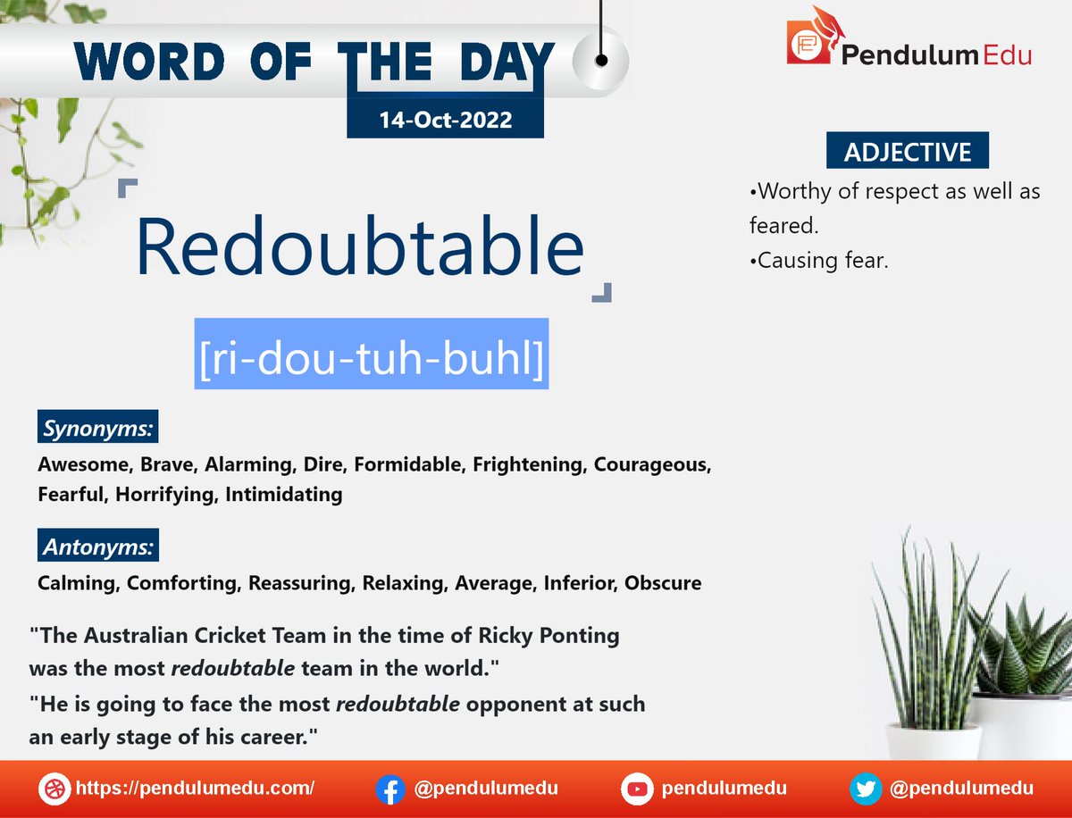 pendulumedu's tweet photo. "The Australian Cricket Team in the time of Ricky Ponting was the most redoubtable team in the world."
Read in detail Here - https://t.co/StG5S12nRC
#redoubtable #wordoftheday #vocabulary #grevocab #cat #ssc #railways #banking https://t.co/ps71aSXUH4