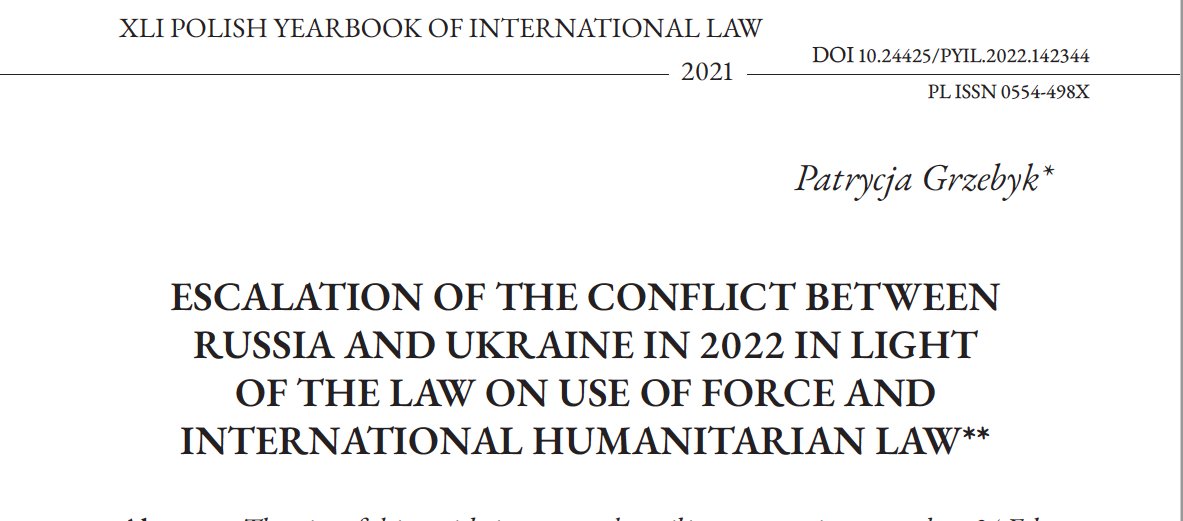 1. In the Polish Yearbook of International Law vol. XLI my article on Escalation of the conflict between Russia and Ukraine has just appeared. It can be easily accessed through my academia and research gate account and always I can share the copy of it via msg or mail:)
