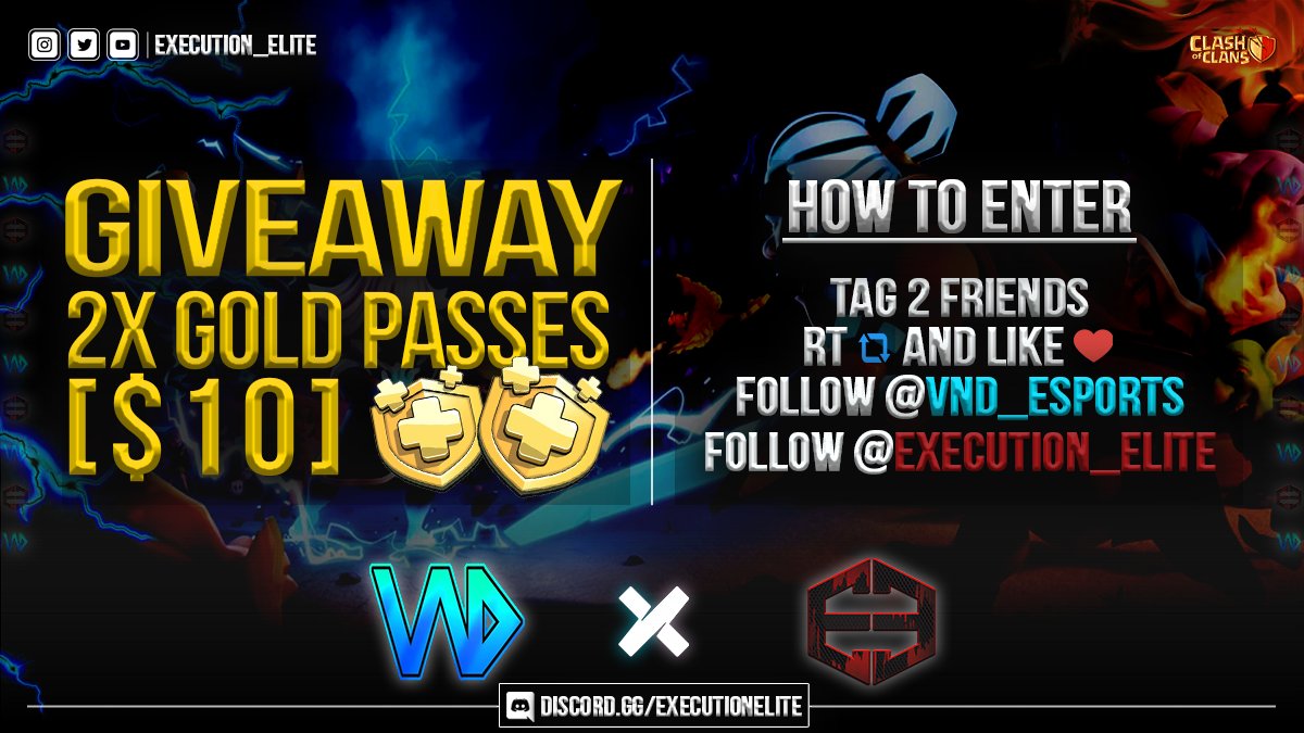 We are happy to announce that we are joining  @Execution_Elite .
So we are hosting a giveaway 2 x Goldpass on this occasion.
To enter follow the below requirements.

#vndesports #executionelite
#clashofclans #Giveaway