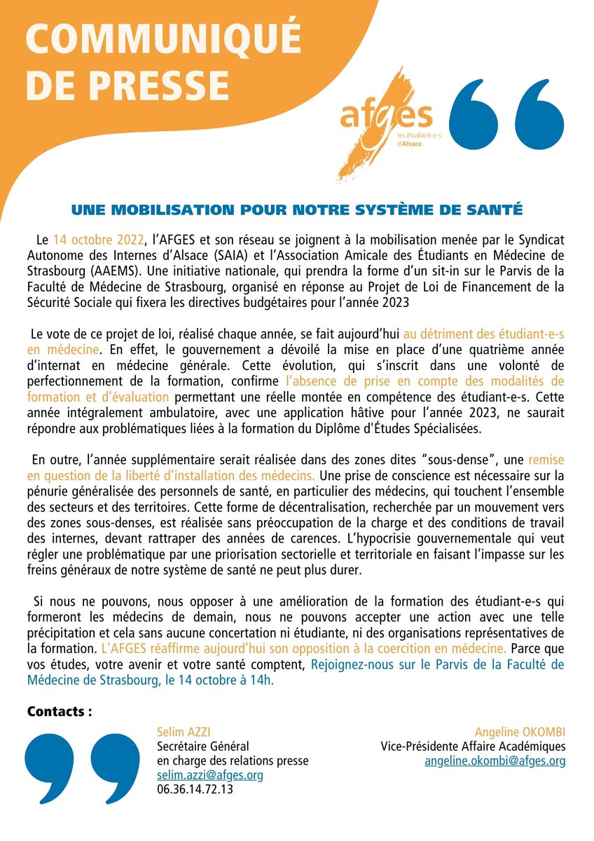 📢L’AFGES appelle à une #mobilisation pour les #étudiant-e-s lésé-e-s par le projet de loi de financement de la sécurité sociale.
🗣 Il est temps que les réformes de nos formations soient initiées après la concertation des intéressé-e-s.